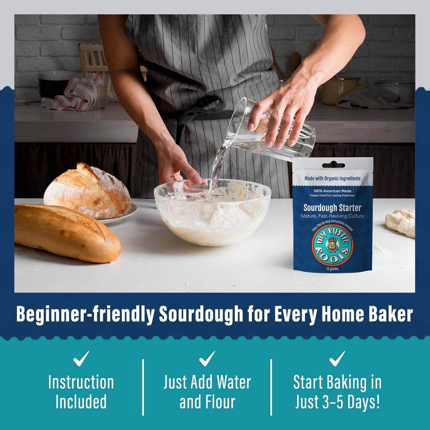 Organic, Non GMO Mature Sourdough Starter 12 grams being mixed with water in a bowl for easy baking.