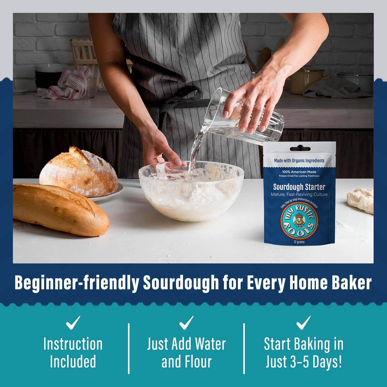 Organic, Non GMO Mature Sourdough Starter 12 grams being mixed with water in a bowl for easy baking.