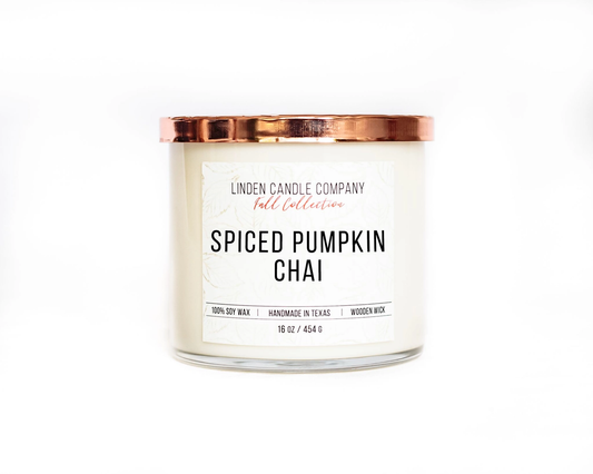Non toxic soy candle in spiced pumpkin chai scent with a copper lid.