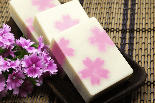 Organic Cherry Blossom soap bar with pink flowers design.