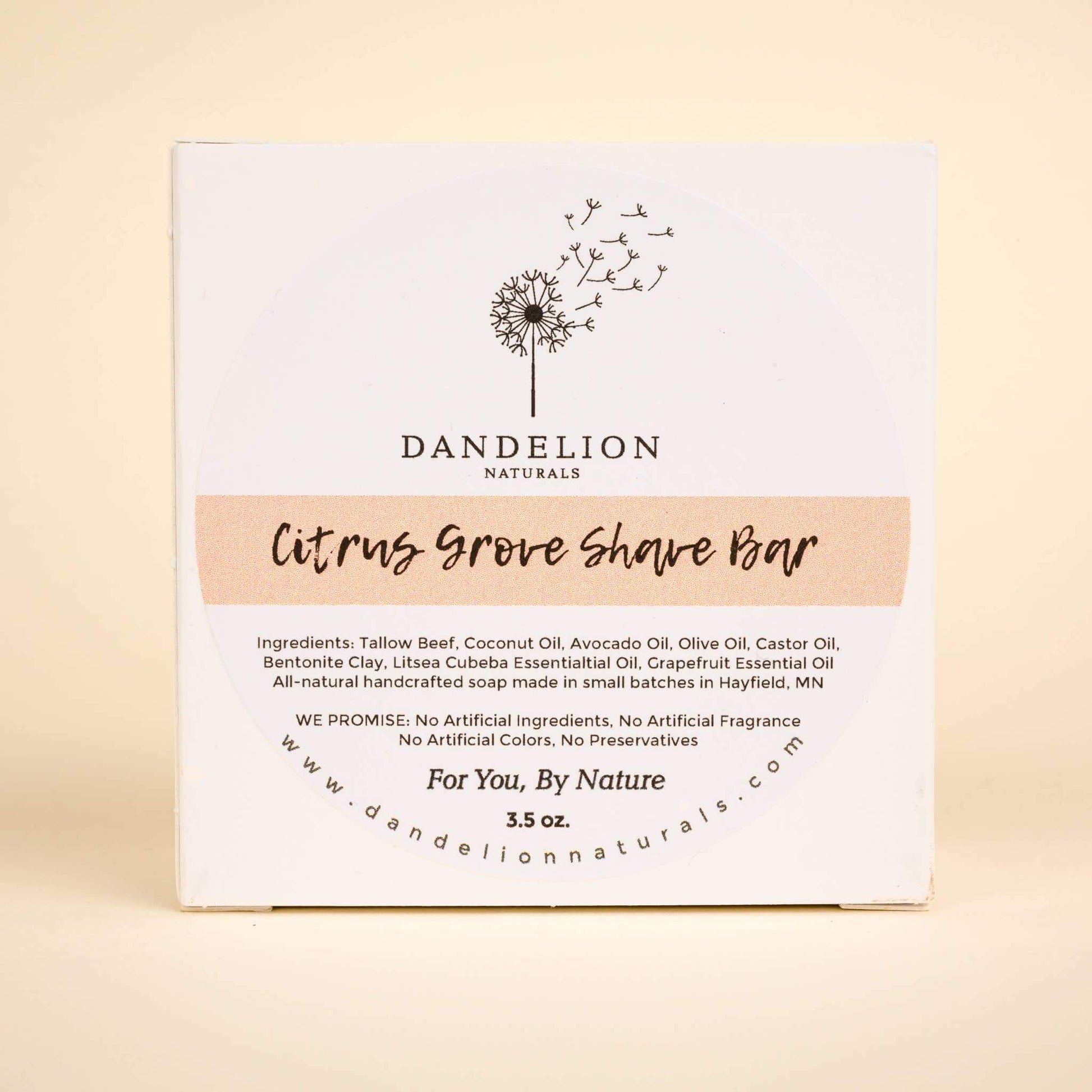 Citrus Grove Shave Bar by Dandelion Naturals, handcrafted with tallow, bentonite clay, and natural oils.