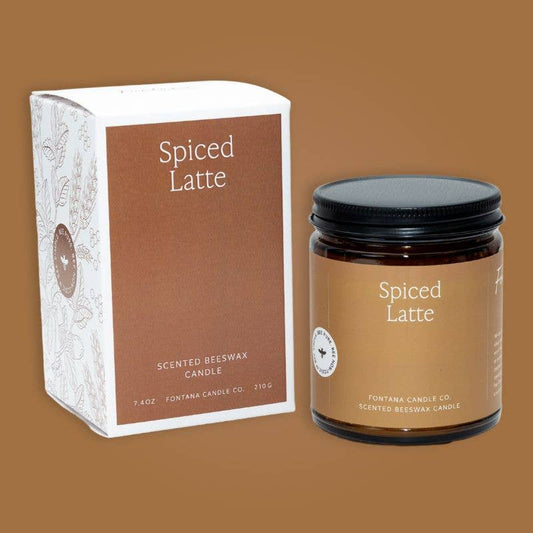 Spiced Latte Essential Oil Beeswax Jar Candle in a black jar with a beige box, eco-friendly non-toxic design.