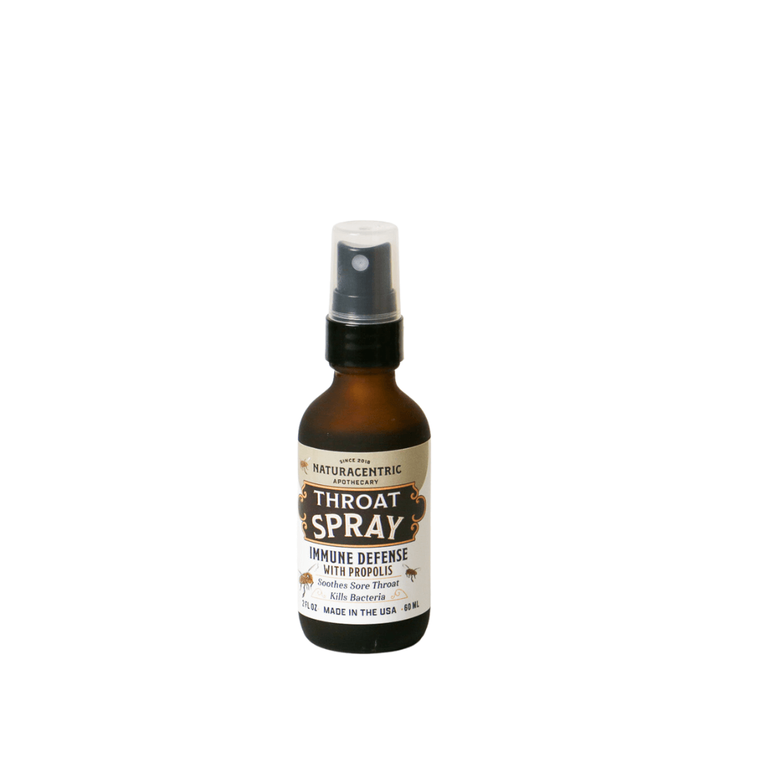 Immune Defense Throat Spray with Propolis & Honey in a 2 oz spray bottle.