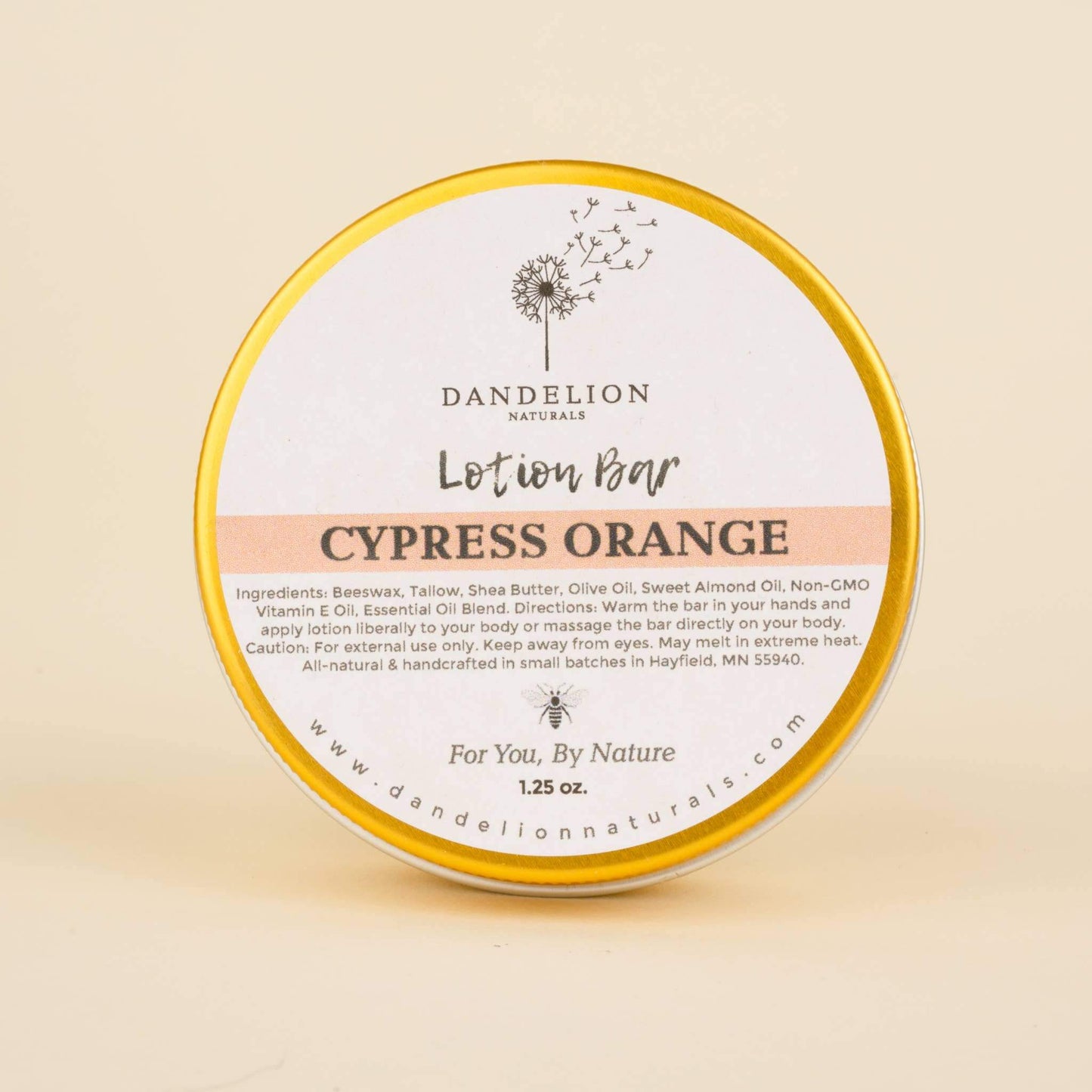 Dandelion Naturals Cypress Orange Lotion Bar, 100% natural, preservative-free, perfect for smooth application.