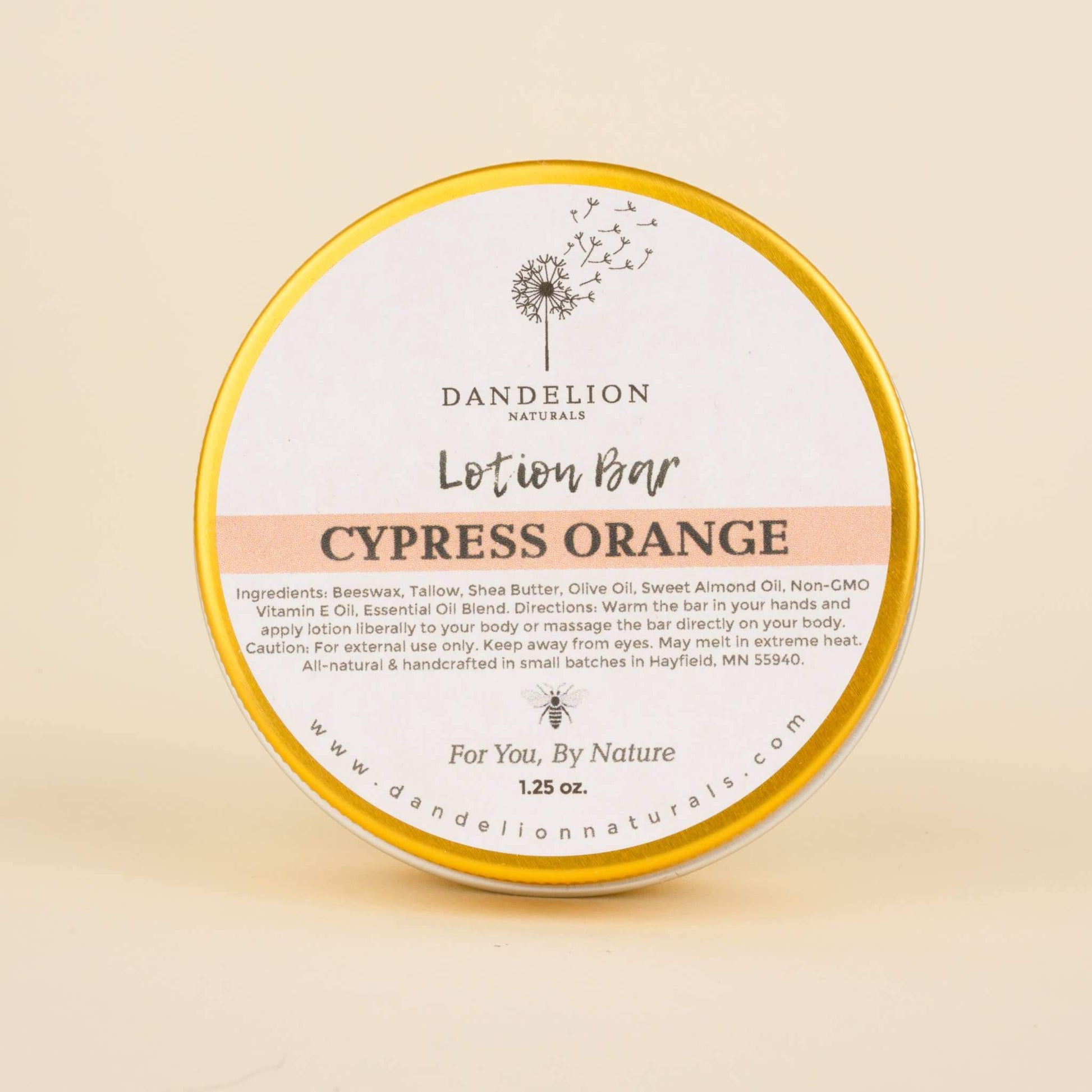 Dandelion Naturals Cypress Orange Lotion Bar, 100% natural, preservative-free, perfect for smooth application.