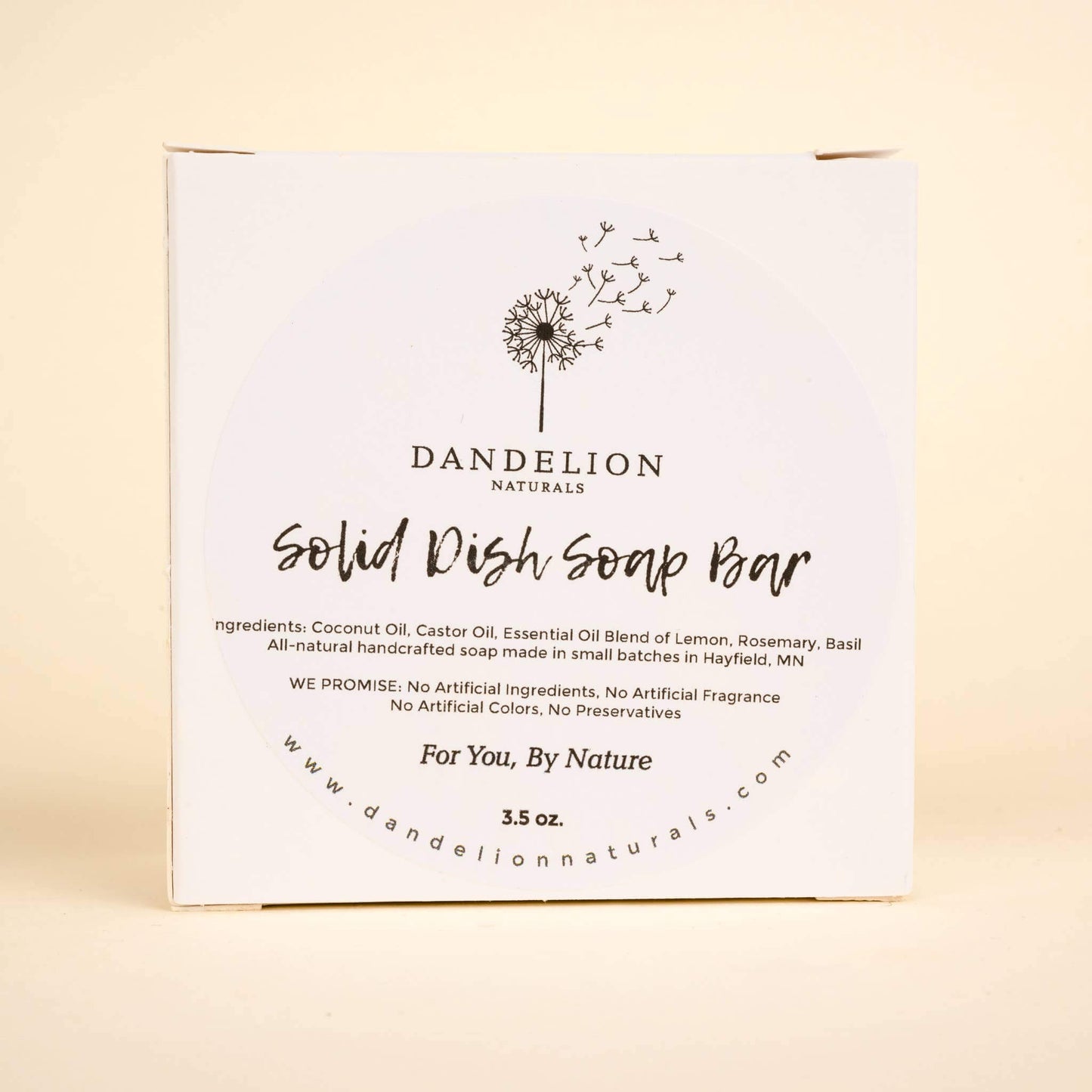 Dandelion Naturals Solid Dish Soap Bar packaging with natural ingredients and eco-friendly promise.