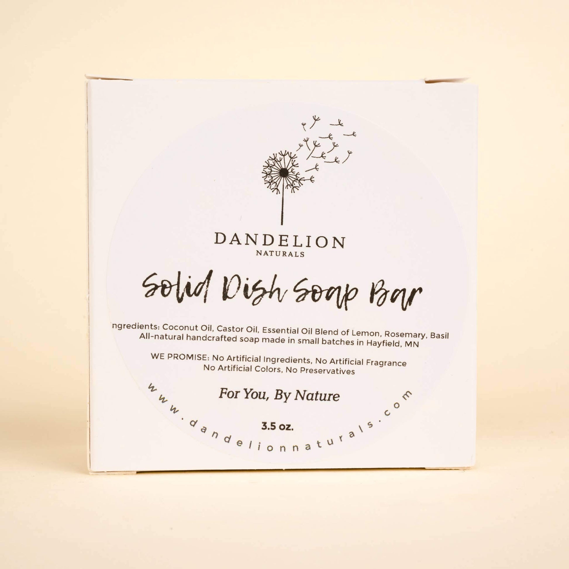 Dandelion Naturals Solid Dish Soap Bar packaging with natural ingredients and eco-friendly promise.