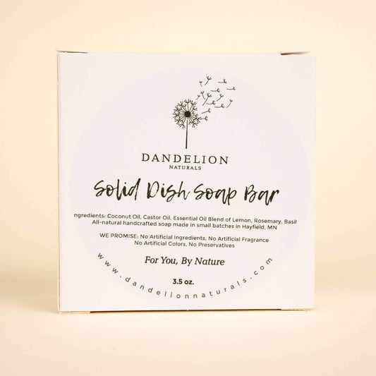 Dandelion Naturals Solid Dish Soap Bar packaging with natural ingredients and eco-friendly promise.