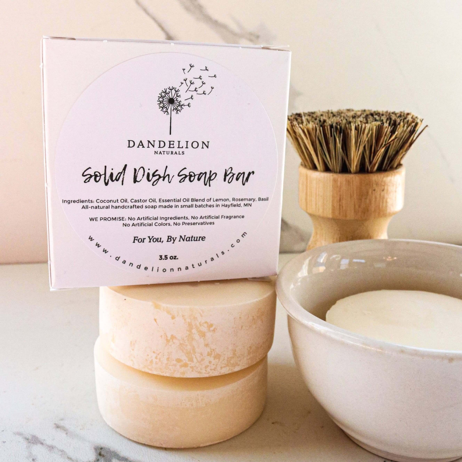 Solid Dish Soap Bar from Dandelion Naturals, eco-friendly, chemical-free cleaning solution in a sustainable packaging.