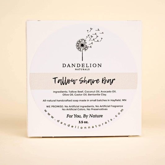 Dandelion Naturals Tallow Shave Bar packaging with natural ingredients listed, 3.5 oz.