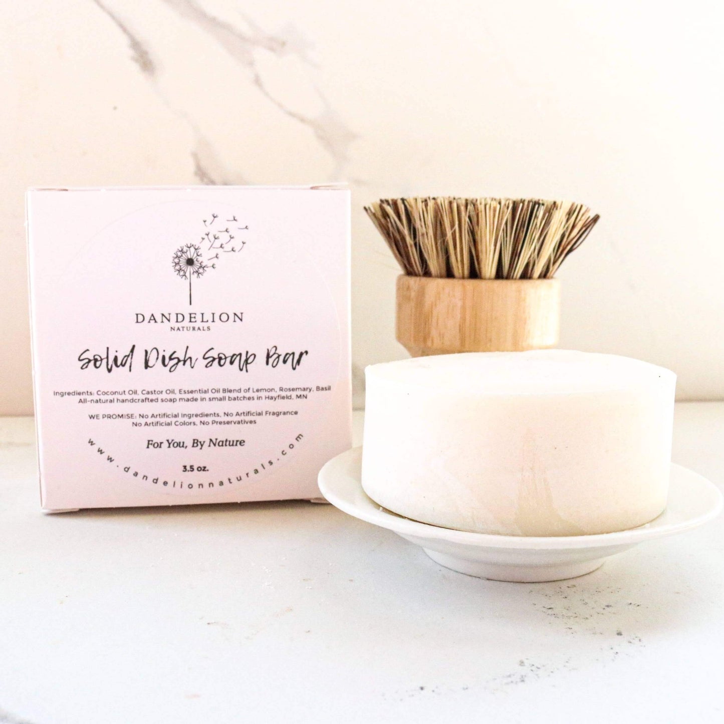 Solid Dish Soap Bar with packaging, eco-friendly dish brush for sustainable cleaning solutions.