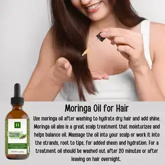 Moringa oil for hair treatment, promoting hydration, shine, and scalp health after washing.