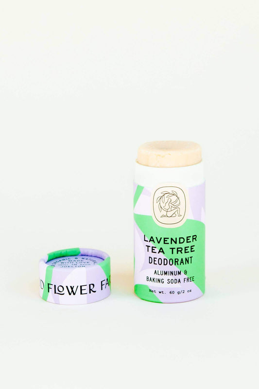 Non toxic deodorant in lavender tea tree scent in a purple, bright green and white biodegradable tube.