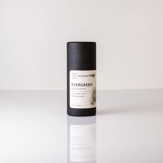 Non toxic deodorant in evergreen scent and a black biodegradable tube with a white label.