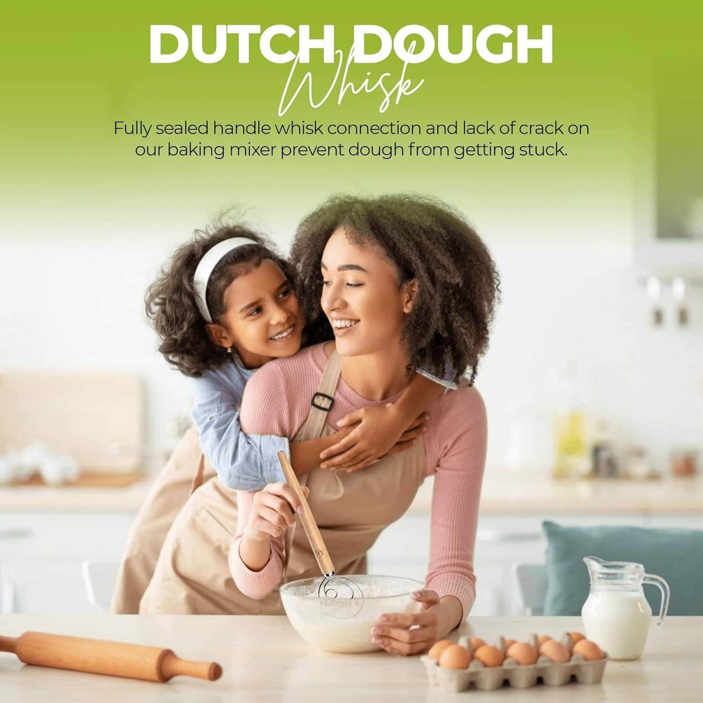 LHU - Premium Original Danish Dutch Whisk in use, showcasing a mother and daughter baking together.