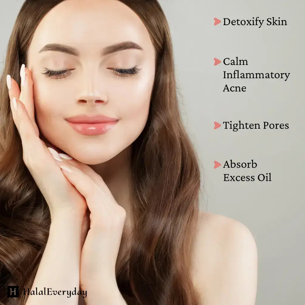 Bentonite clay mask benefits: detoxify skin, calm inflammatory acne, tighten pores, absorb excess oil.