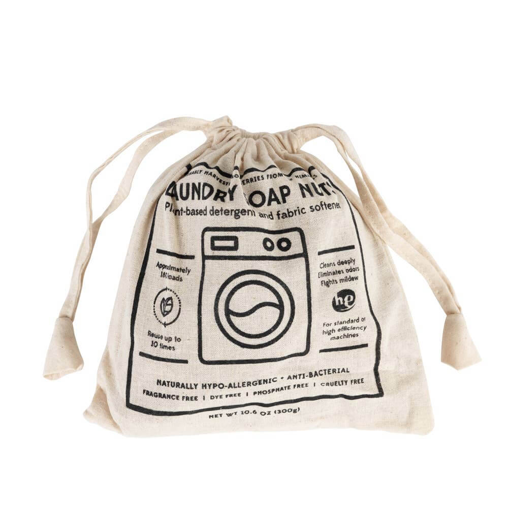 Laundry Soap Nuts - All Natural Detergent - Non-Toxic - Eco-Friendly cotton drawstring bag containing soap nuts.