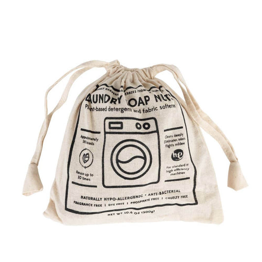 Laundry Soap Nuts - All Natural Detergent - Non-Toxic - Eco-Friendly cotton drawstring bag containing soap nuts.