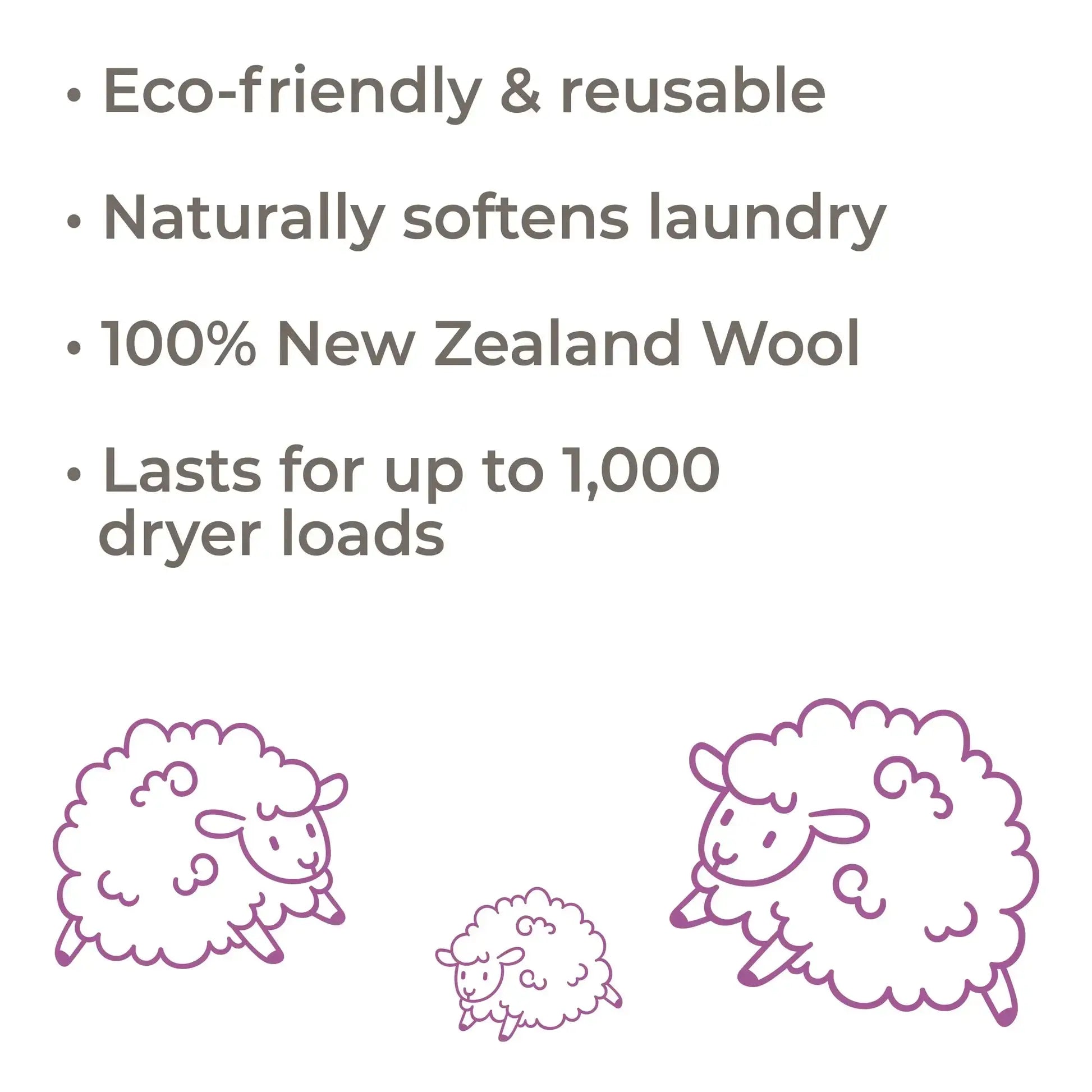 Eco-friendly wool dryer balls made from 100% New Zealand wool, lasts up to 1,000 loads, naturally softens laundry.