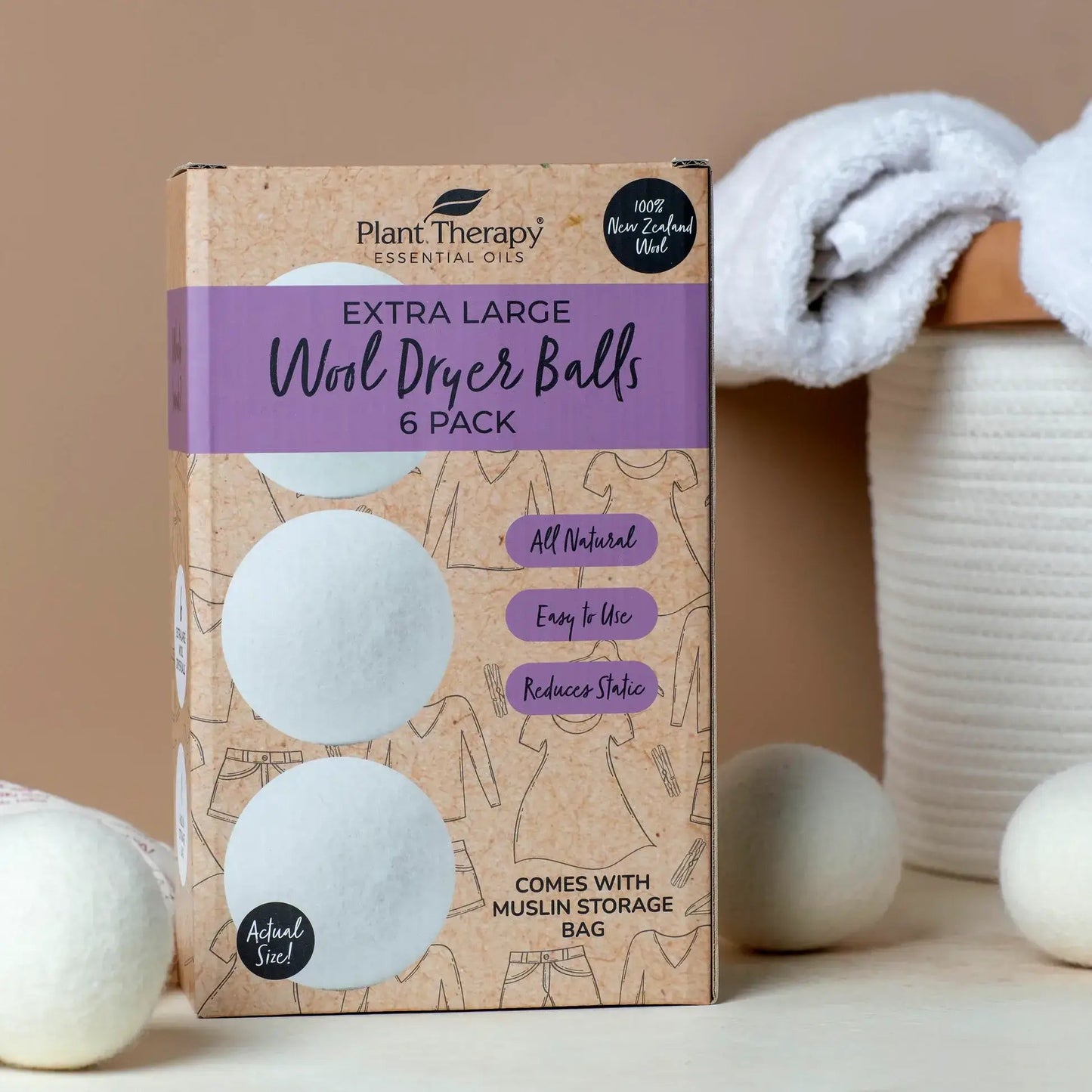 Eco-friendly Extra Large Wool Dryer Balls 6-Pack, all-natural, reduces static, includes muslin storage bag.