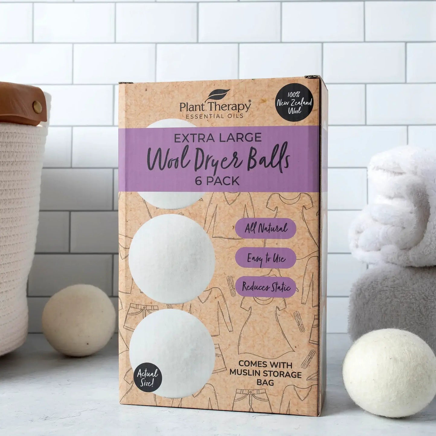 Eco-friendly Extra Large Wool Dryer Balls 6-Pack, made of 100% New Zealand wool, in natural packaging.
