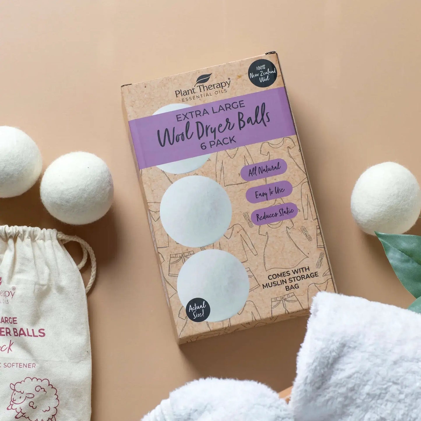 Extra Large Wool Dryer Balls 6-Pack by Plant Therapy, eco-friendly laundry alternative for softening clothes.