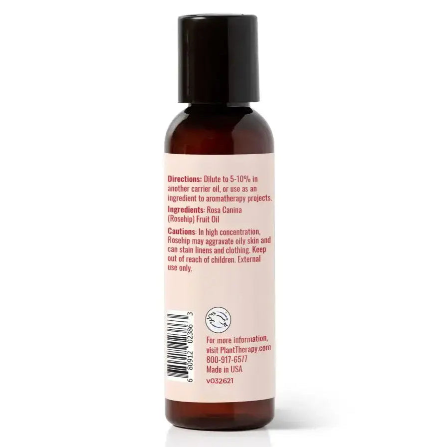 Back label of Extra Virgin Organic Rosehip Oil bottle, detailing direction, ingredients, and caution for usage.
