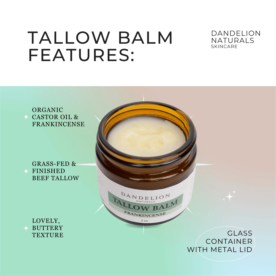Glass container of Dandelion Naturals Tallow Balm with features highlighting organic castor oil, frankincense, and buttery texture.