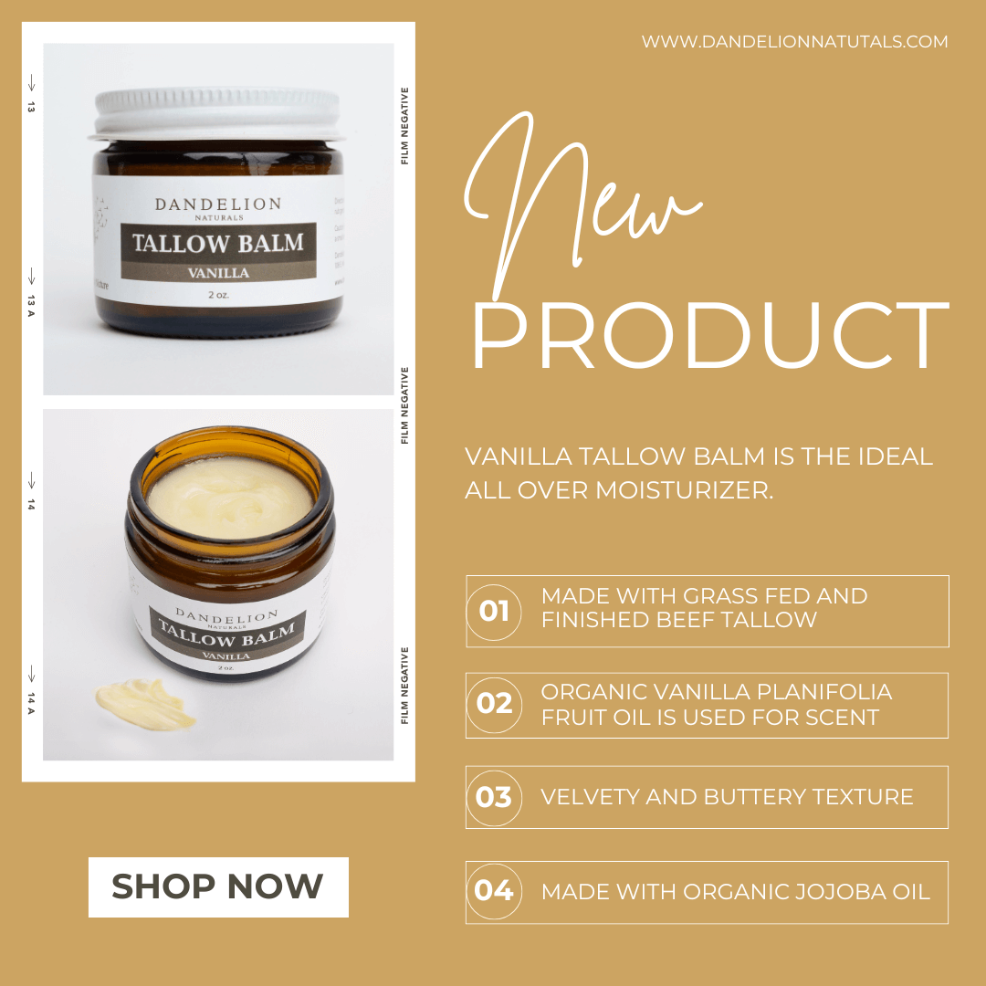 Vanilla Tallow Balm in a jar, ideal all-over moisturizer with grass-fed tallow and organic jojoba oil.