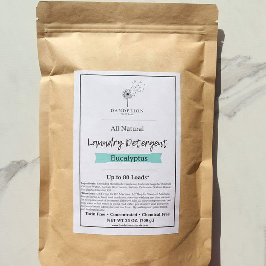 Natural laundry detergent in eucalyptus scent in a resealable brown bag.
