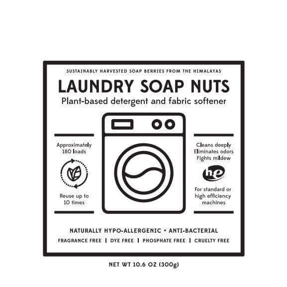 Laundry Soap Nuts - All Natural Detergent - Non-Toxic - Eco-Friendly packaging label with benefits and usage instructions.