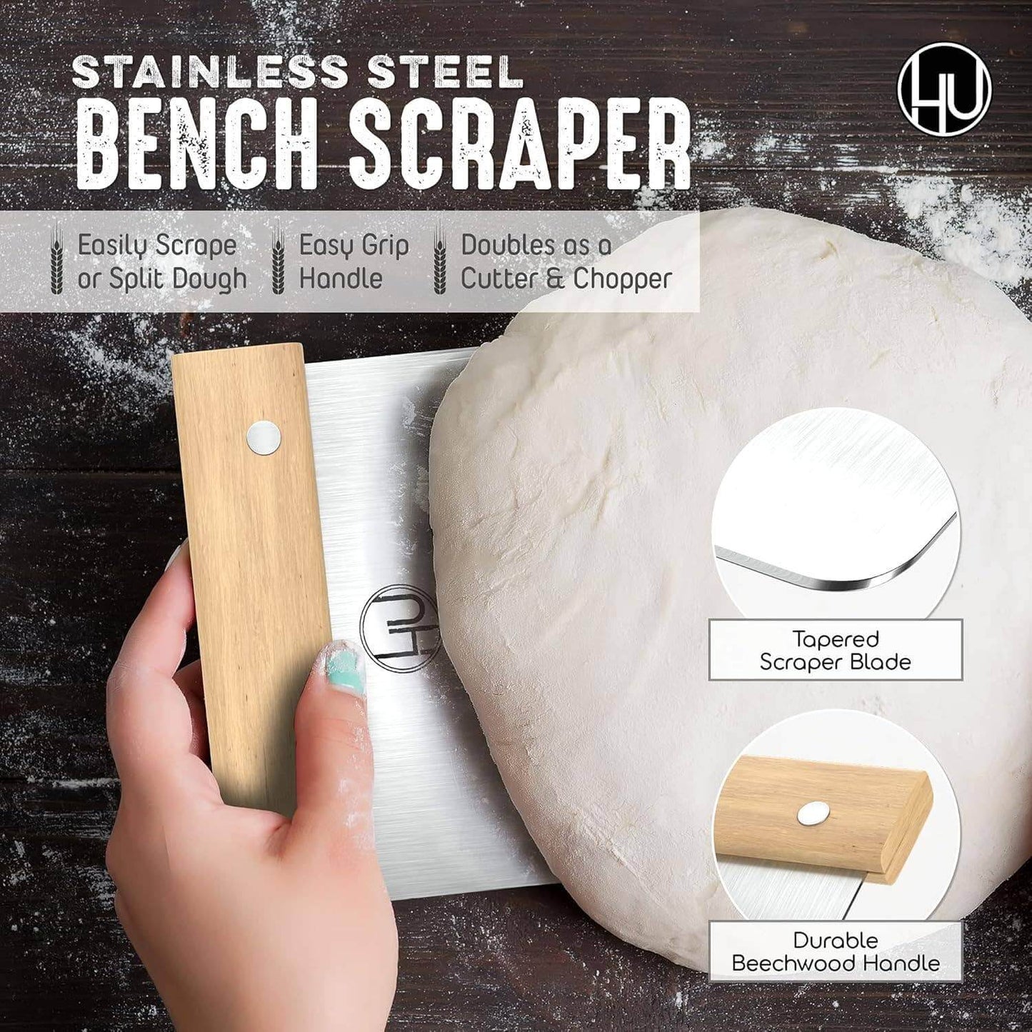 LHU - Bread Making Tools: Stainless steel bench scraper for easy dough handling and versatile chopping.