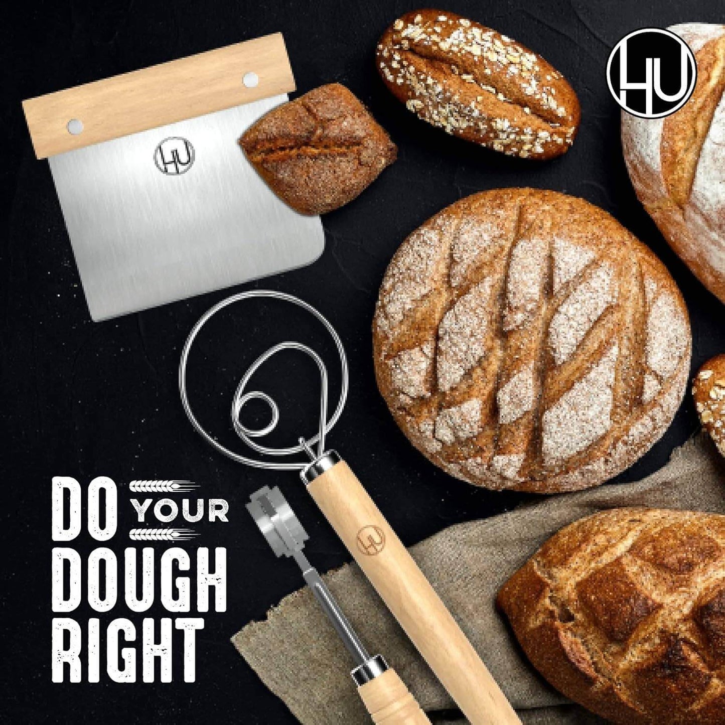 LHU - Bread Making Tools featuring a Danish dough whisk, bench scraper, and artisan bread showcasing Do Your Dough Right.