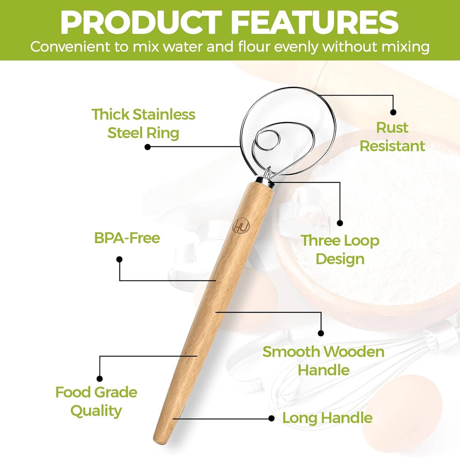 LHU - Premium Original Danish Dutch Whisk features thick stainless steel ring and smooth wooden handle for easy baking.