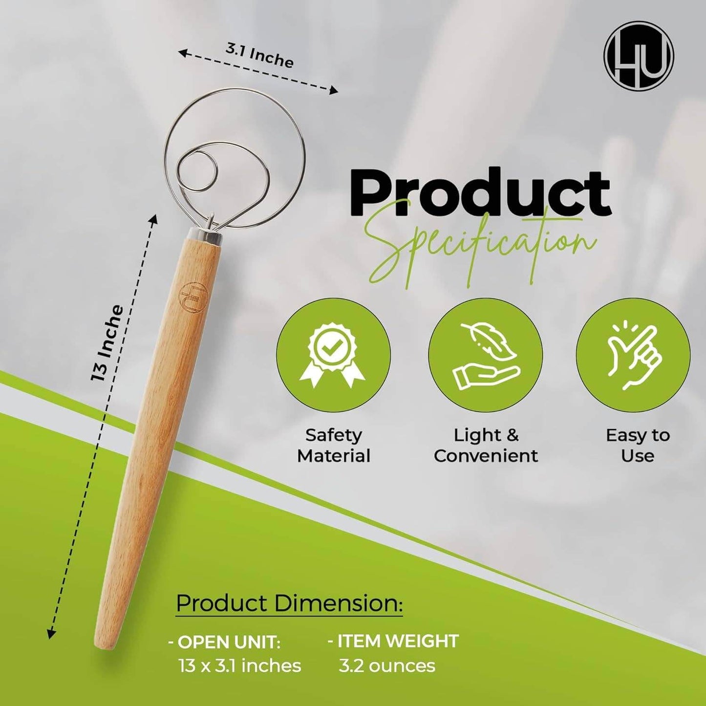 LHU - Premium Original Danish Dutch Whisk product specifications and dimensions, featuring a beechwood handle and stainless steel whisk.