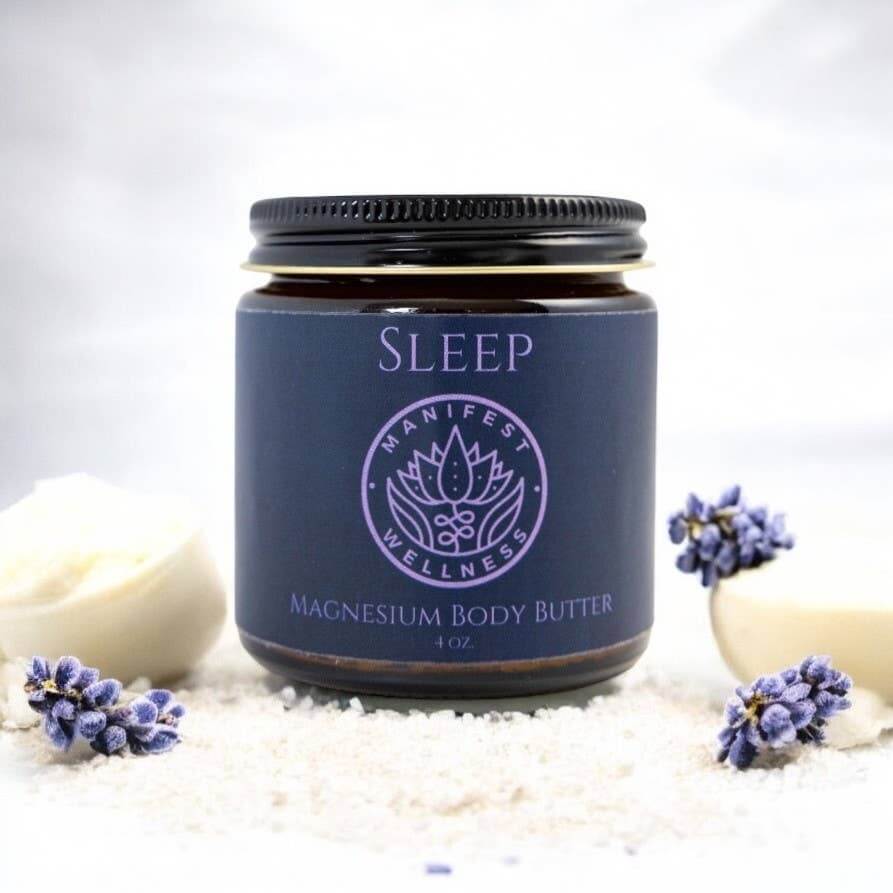 Magnesium Sleep Butter in jar, featuring organic ingredients and calming lavender for restful sleep.