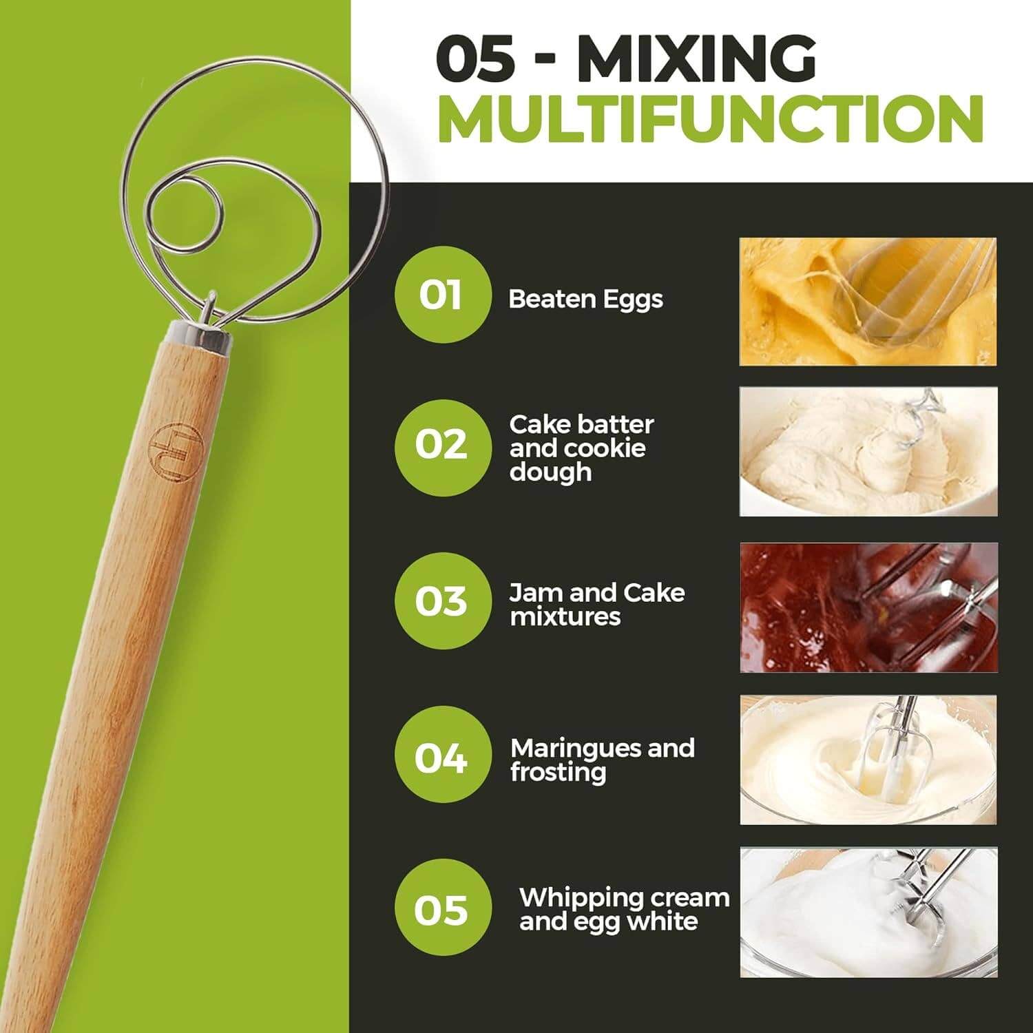 LHU - Premium Original Danish Dutch Whisk multifunctional tool for mixing beaten eggs, cake batter, jam, and more.