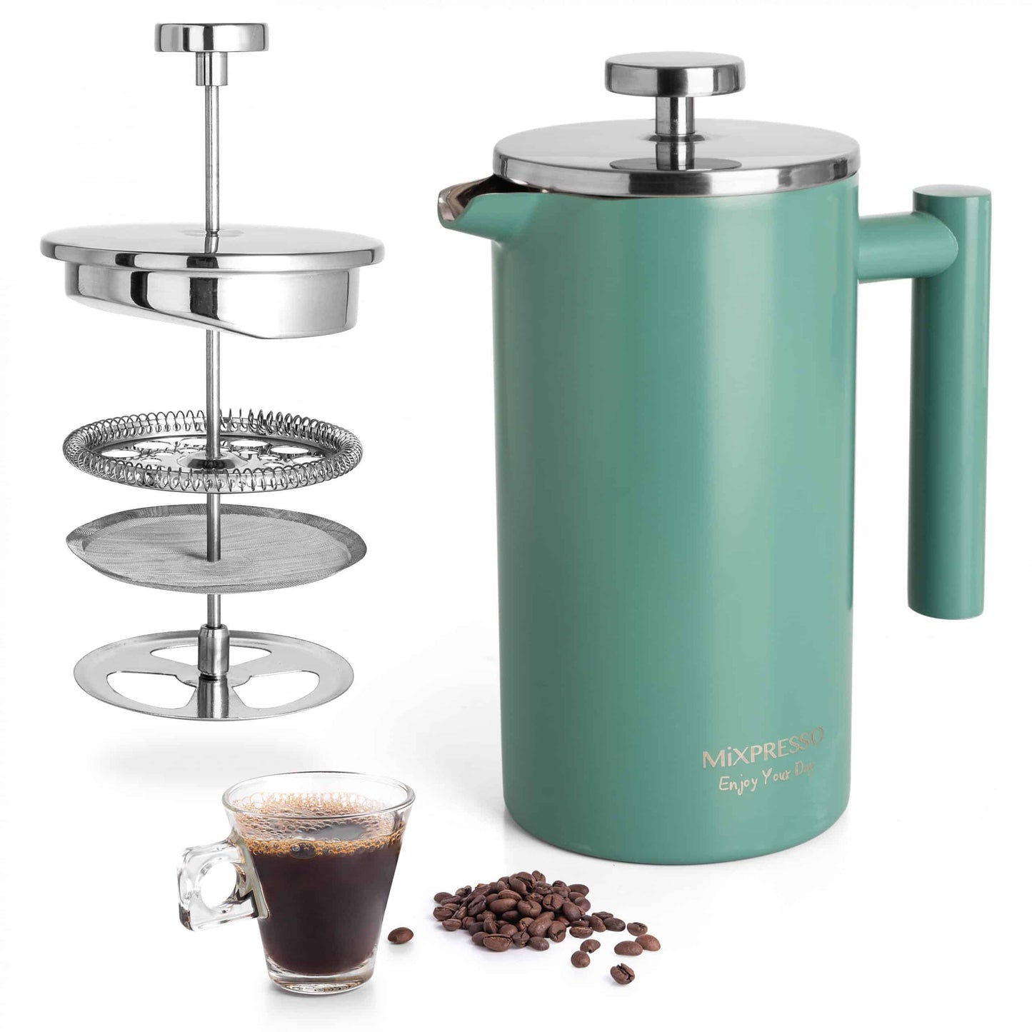 Mixpresso Stainless Steel French Press Coffee Maker 27 Oz 800ML Double Wall Metal Insulated Coffee Press & Tea Brewer: Green