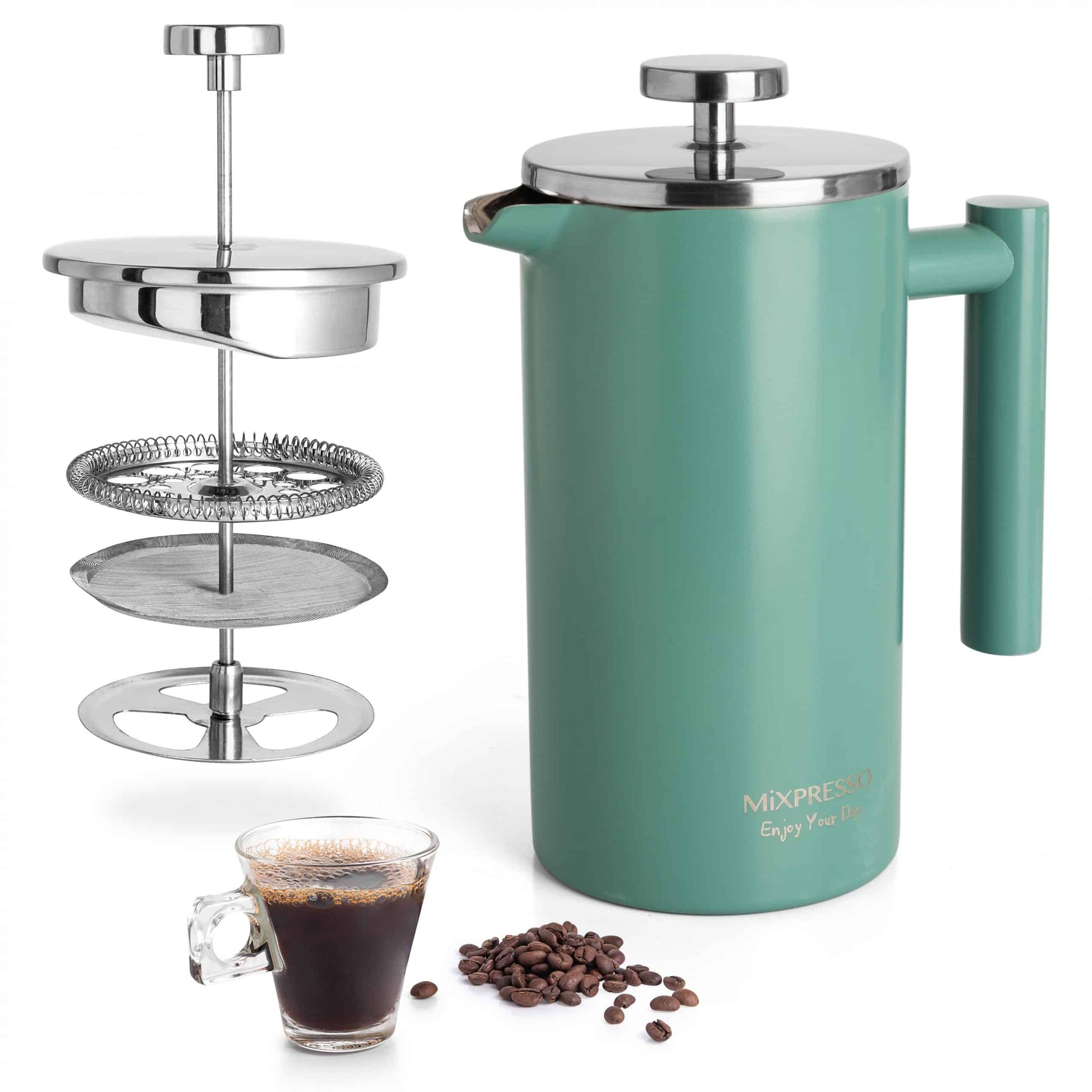 Mixpresso Stainless Steel French Press Coffee Maker 27 Oz 800ML Double Wall Metal Insulated Coffee Press & Tea Brewer: Green
