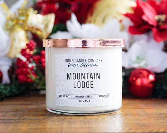 Mountain Lodge Seasonal Soy Candle 16oz Winter - Non Toxic Candle with hammered copper lid and wooden wick.