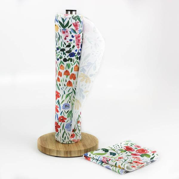nonpaper towels with flower design, rolled on a paper towel holder