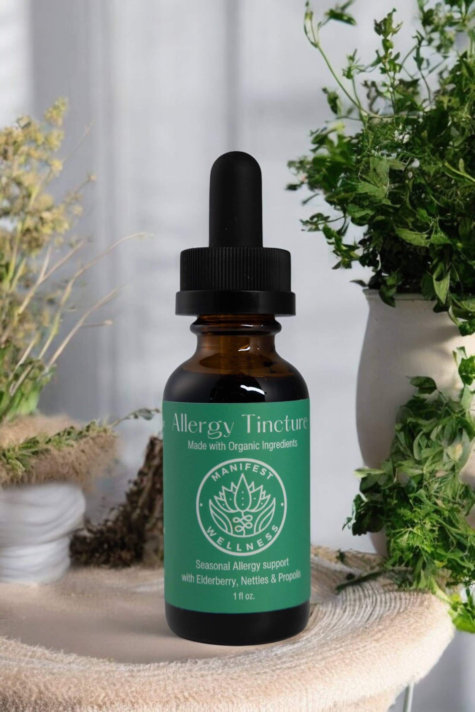 Organic Allergy Blend Tincture in a glass bottle with dropper, featuring soothing herbs for allergy relief.
