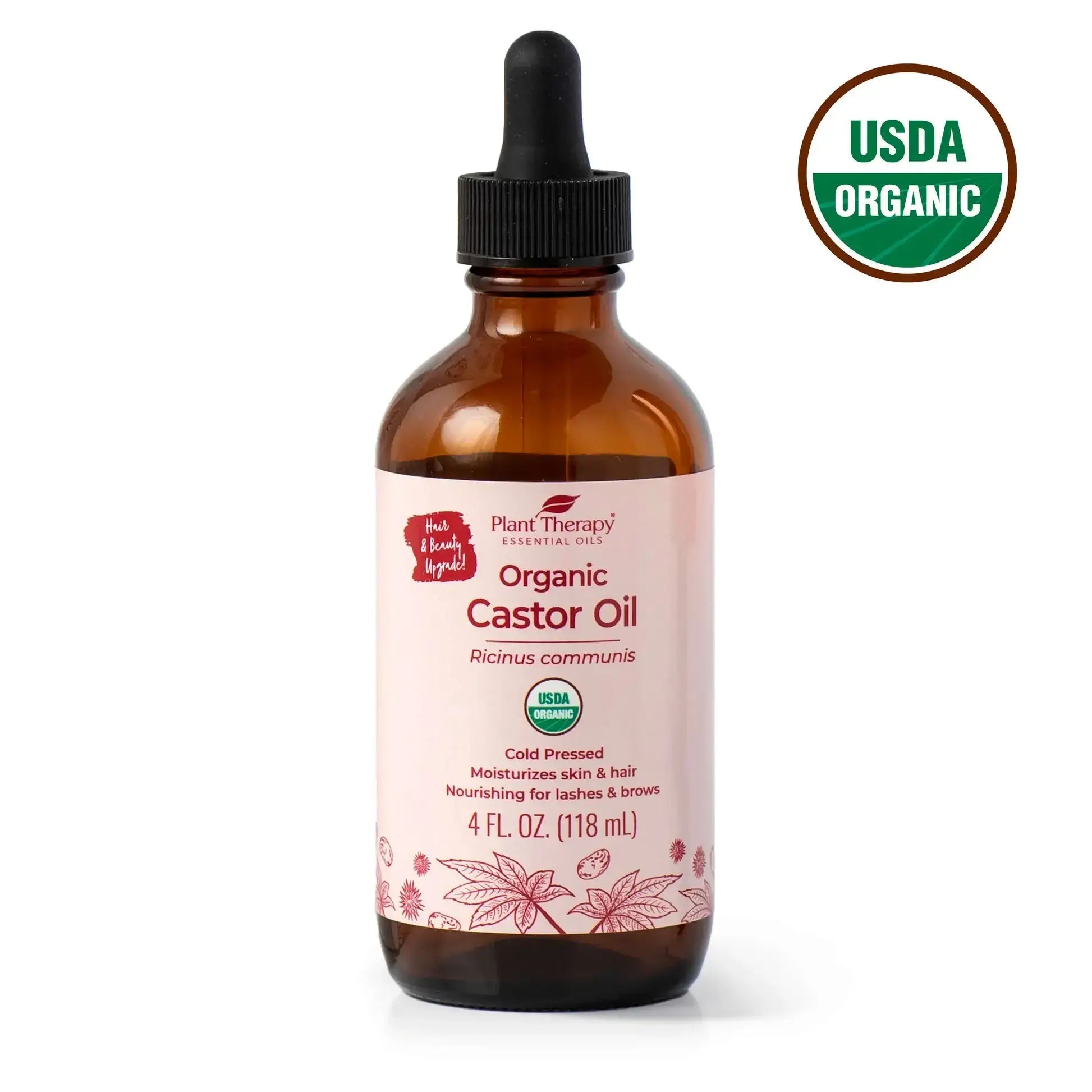 Organic castor oil by Plant Therapy in a 4 oz bottle, cold pressed, USDA organic, nurturing for hair and skin.
