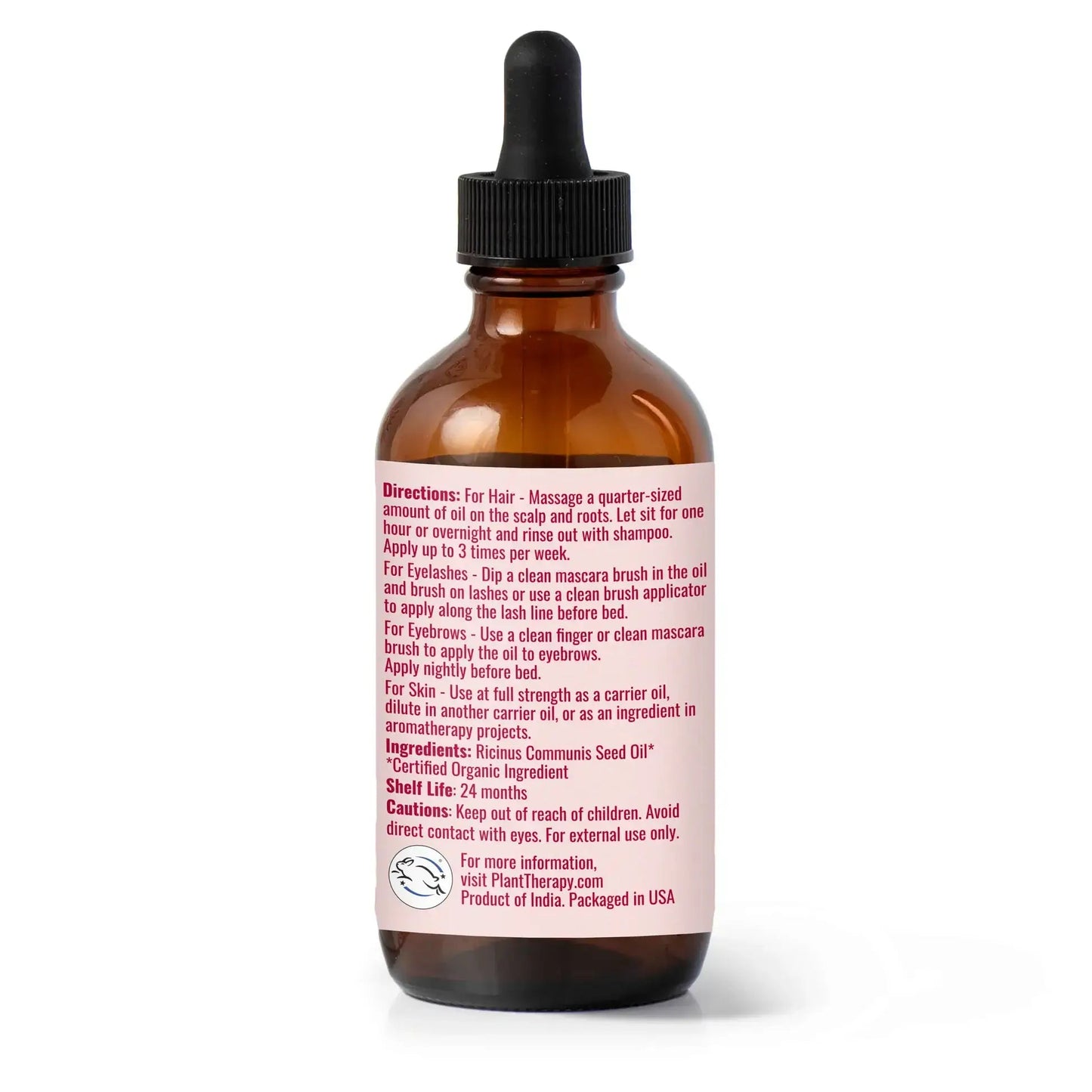 Organic Castor Oil bottle with directions for hair and eyelash use, featuring hexane-free, cold-pressed benefits.