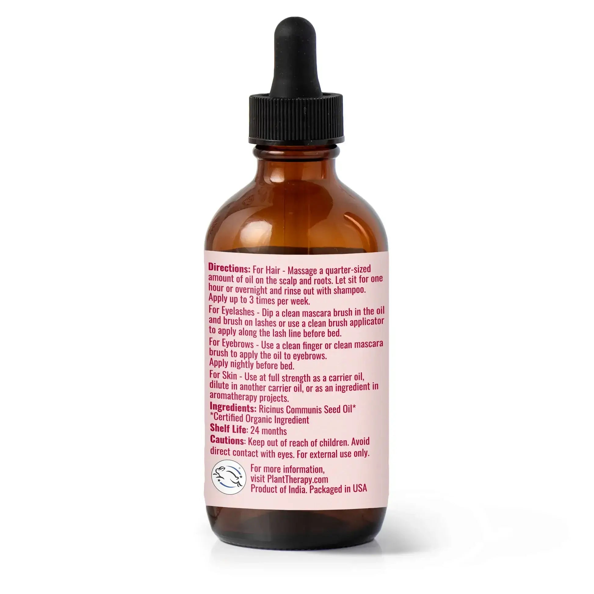 Organic Castor Oil bottle with directions for hair and eyelash use, featuring hexane-free, cold-pressed benefits.