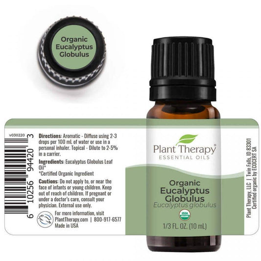 Plant Therapy organic eucalyptus globulus essential oil in 10 ml with the label spread out and ingredients listed.