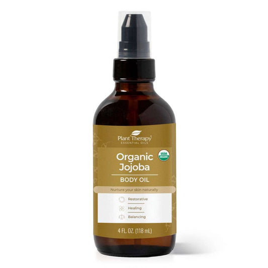 Organic Jojoba Oil bottle for skin hydration, nourishment, and youthful glow. 100% pure, restorative body oil.