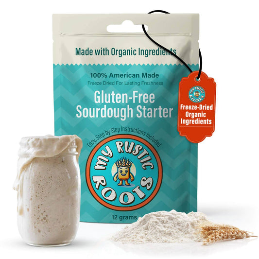 Organic, Non GMO GLUTEN FREE Sourdough Starter 12 gram in packaging with jar and flour, perfect for gluten-free baking.