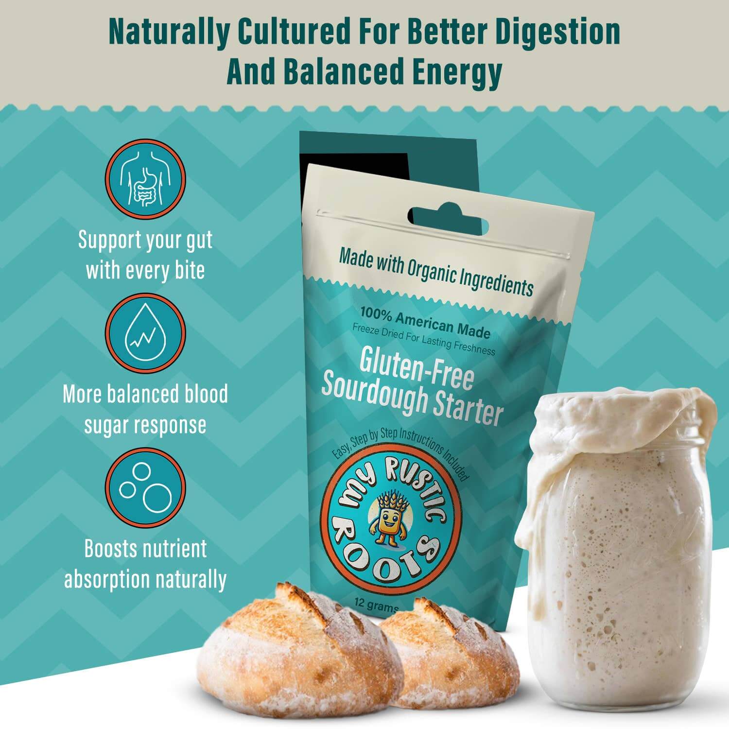 Organic, Non GMO GLUTEN FREE Sourdough Starter 12 gram in packaging with sourdough bread and jar.