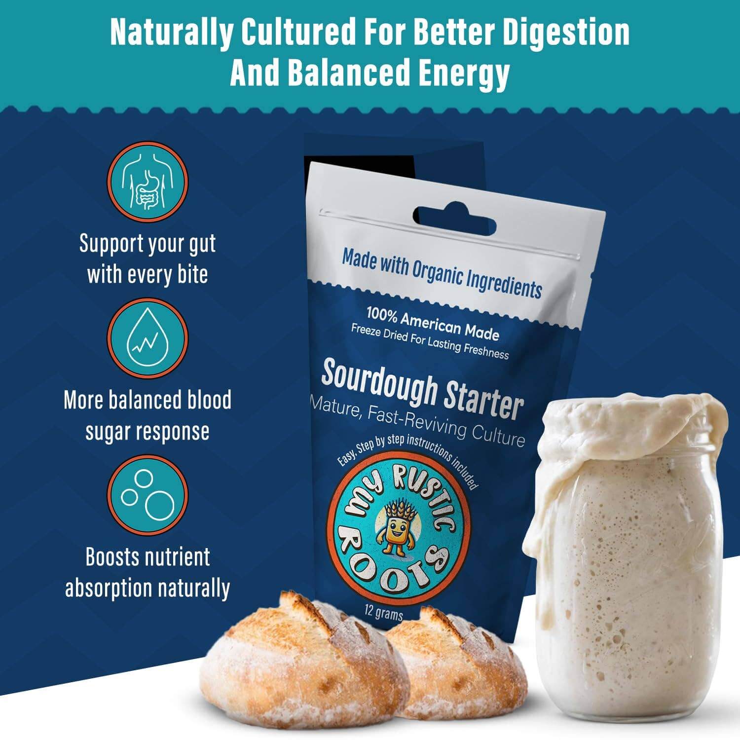 Organic, Non GMO Mature Sourdough Starter 12 grams with bread and starter jar on display.